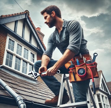 A handyman fixing a leaking roof in a London home, standing on a ladder and using a wrench while wea