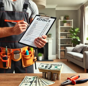 A handyman holding a clipboard with pricing details for a repair, with a stack of money beside it to
