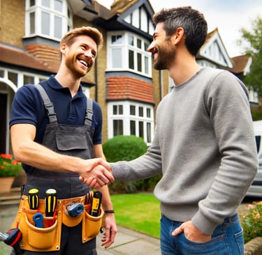 A handyman and a customer shaking hands outside a well-maintained property in London.