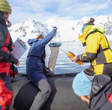Researchers collect water samples using a plankton net from a boat in Antarctica's snowy mountains.