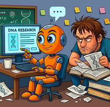 A colorful cartoon-style illustration shows a cheerful orange robot sitting at a computer labeled "D