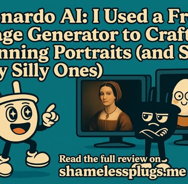 Plugsy excitedly points at a digital painting on a computer screen resembling a classical portrait,