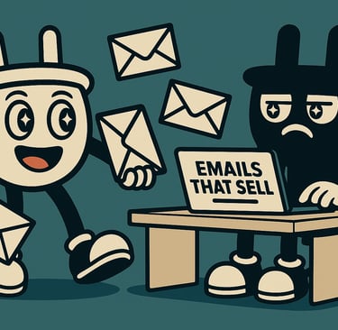 Plugsy cheerfully delivers flying envelopes while Smugsy sits at a desk typing on a laptop labeled ‘
