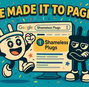 Plugsy jumps in the air holding a glowing plug-shaped trophy, while Smugsy casually sips coffee besi