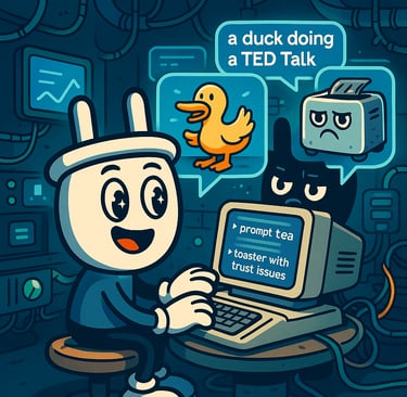 Cartoon plug characters generating funny AI image prompts on a computer, including a duck giving a T