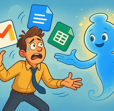 Cartoon illustration of a stressed office worker juggling Gmail, Google Docs, and Google Sheets icon