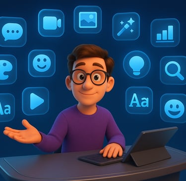 Cartoon of a person at a futuristic control desk surrounded by 12 glowing icons representing free AI