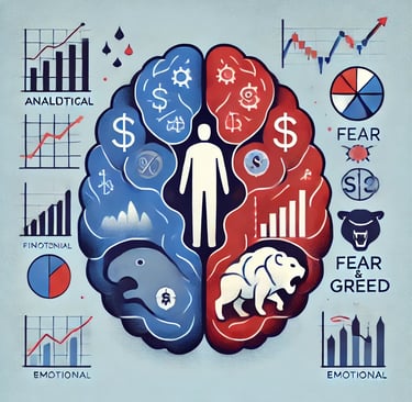 Cervello diviso tra razionalità e emozioni negli investimenti, grafici e simboli di paura e avidità
