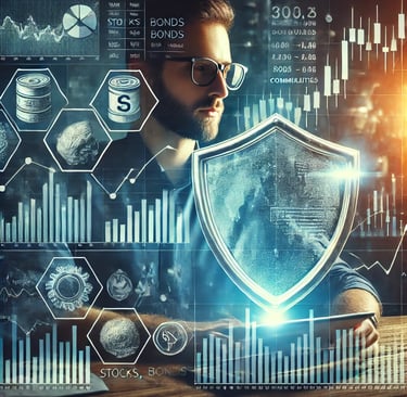 gestione del rischio finanziario, con simboli di protezione, diversificazione degli asset analisi