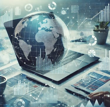 investimento in borsa rappresentato da un laptop e da un mondo con grafici a barre