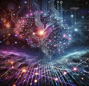 Rappresentazione astratta e futuristica del machine learning, con reti neurali e flusso di dati