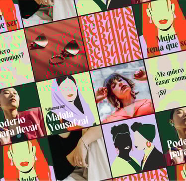 Collage de publicaciones en Instagram de Femme Era, mostrando la estética visual y mensajes feministas de la marca en redes s
