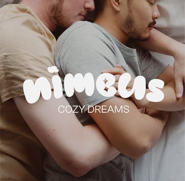 logotipo de la marca nimbus sobre una fotografía de una pareja durmiendo
