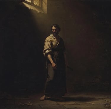Dramatic oil painting of a man standing in a dark prison cell illuminated by a shaft of sunlight.
