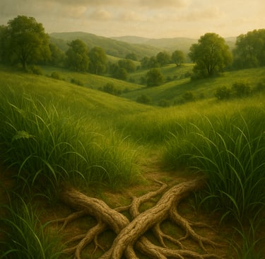 a painting of a tree with roots in the middle of it