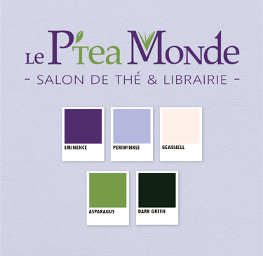 Logo le P'tea Monde sur fond violet lavande avec 5 cartouches de couleurs