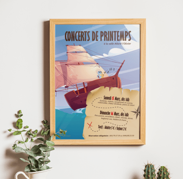 Un cadre en bois accroché sur un mur blanc, il contient une affiche de concert avec un bateau pirate