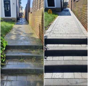 walkway before and after pressure washed