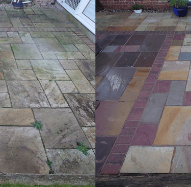 before and after pressure washed patio