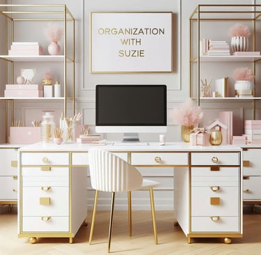 Picture of a beautiful a luxury home office with a white desktop computer on a white and gold desk