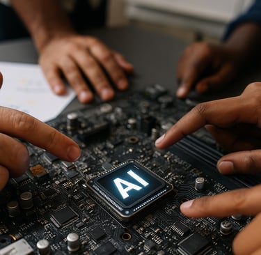 a group of people working on a computer motherboard