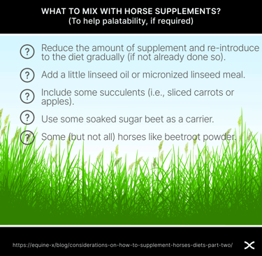 Outdoors scene with grass and wording about what to mix with horse supplements to help palatability