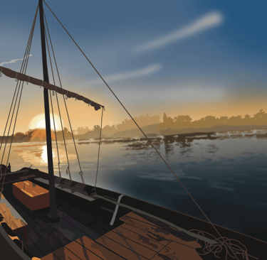 a boat on the water with a sunset in the background