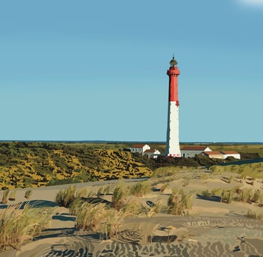 a lighthouse in the sand dunes of a beach