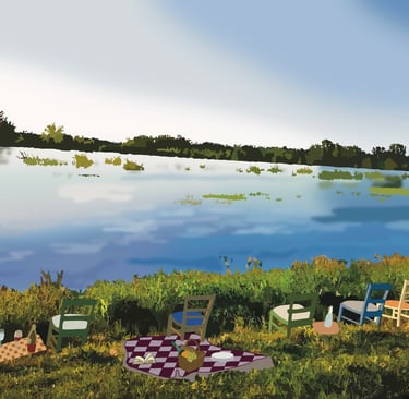 a picnic table with chairs and a picnic blanket