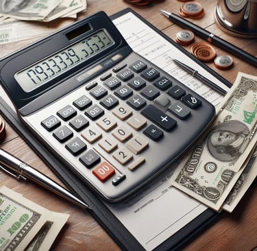 Imagem de uma calculadora, dinheiro e uma prancheta com contas descritas para pagamento