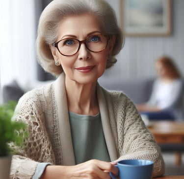 a woman in glasses and a sweater is holding a cup of coffee