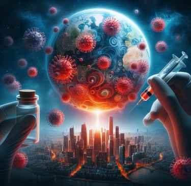 una imagen ampliada de un virus, una jeringa y una ampolla