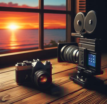 una cámara de video junto a una cámara fotográfica sobre una mesa