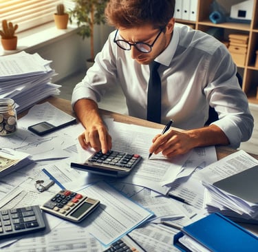un hombre realizando muchos calculos en su escritorio
