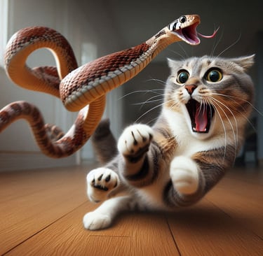 un gato reaccionando con rapidez ante el ataque de una serpiente
