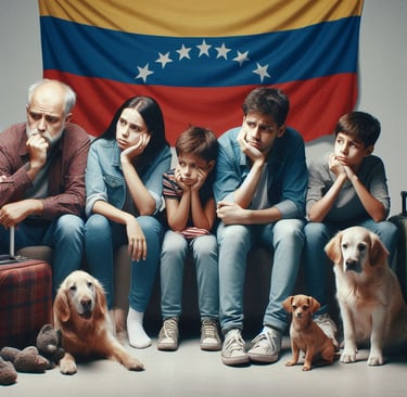una familia de 5 personas, con sus mascotas, sentados en un sofa con cara de preocupacion