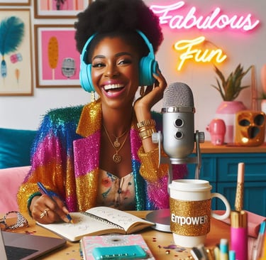 a woman with headphones and headphones on a table