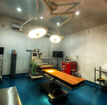 a hospital room with a table and a table with a table top
