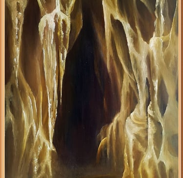 a painting of a cave with a person standing in front of it