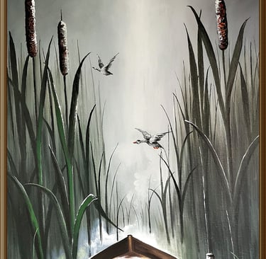 a painting of a boat in a lake