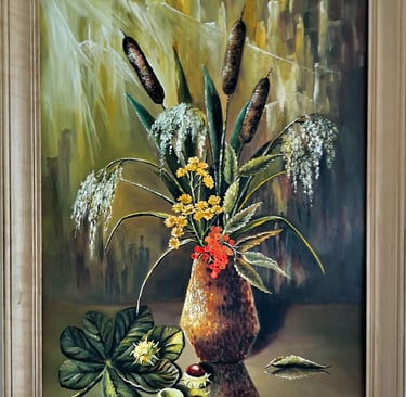 a painting of a vase with flowers in a vase