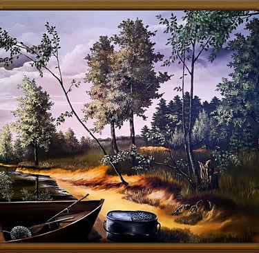 a painting of a boat on a river