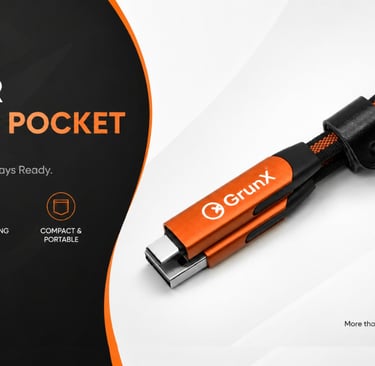 GrunX Sonic 6-in-1 keychain charging cable with 240W fast charging, USB-C and Lightning connectors, 