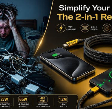 GrunX Daily 2-in-1 fast charging cable with USB-C and Lightning connectors, showing a clutter-free c