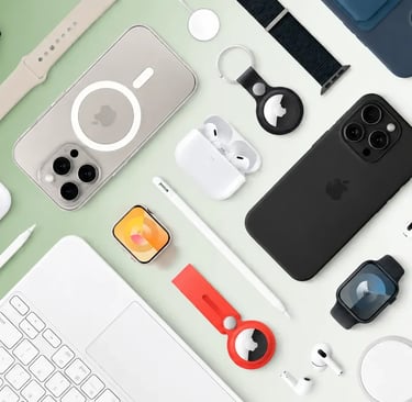 Premium mobile phone accessories flat lay featuring smartphone cases, wireless earbuds, smartwatches