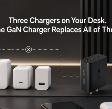 100W GaN fast charger replacing three traditional chargers on a premium desk setup, showcasing compa