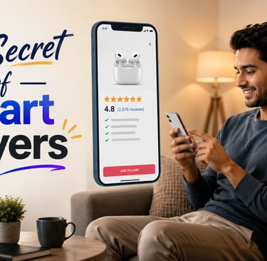 Smart buyer checking customer reviews and warranty before purchasing mobile accessories online, feat