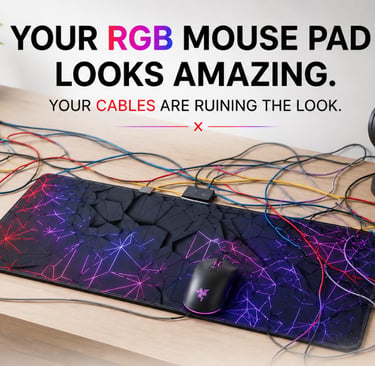 RGB gaming mouse pad surrounded by tangled cables on a desk setup, illustrating why cable management