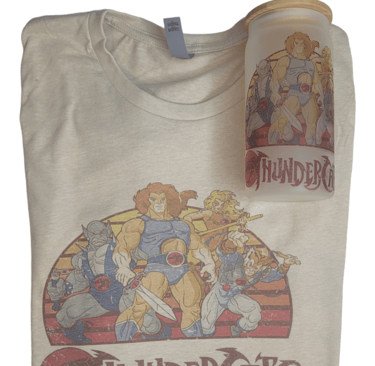 A t-shirt with a Glass tumbler.