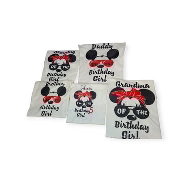 a set of family birthday party t-shirts with a minnie mouse theme.